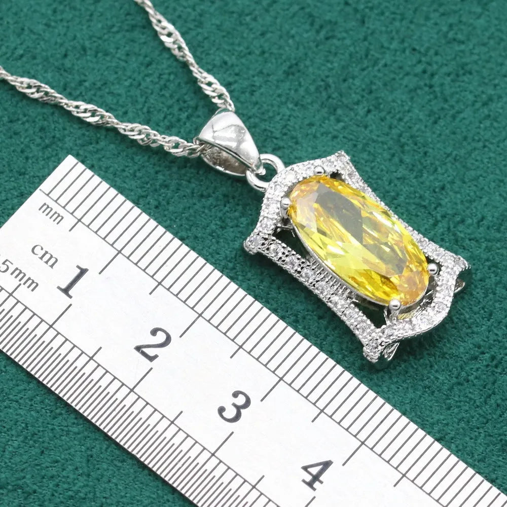 Women's anti-allergy zircon jewellery set with necklace, earrings, ring, and bracelet in yellow or olive colours
