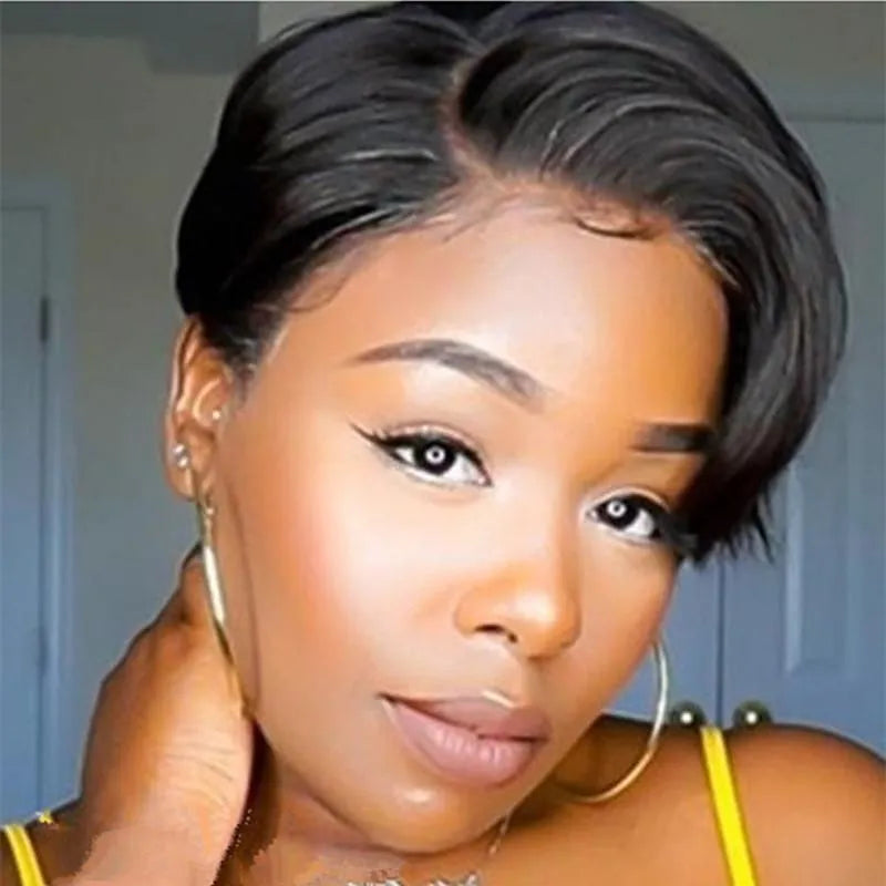 Black short bob wig with lace frontal, high temperature wire, shown for changing hairstyle