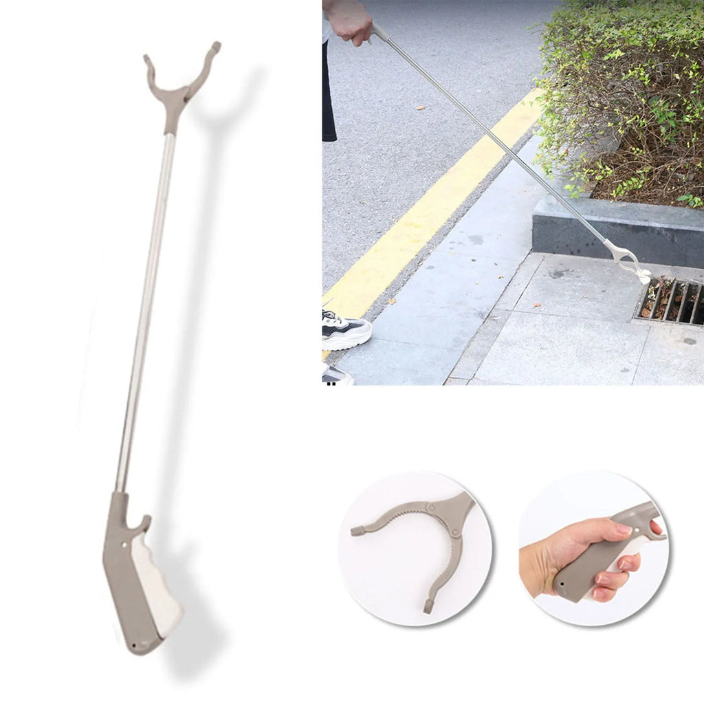 Stainless steel reacher grabber tool with push handle and non-slip chuck, 40cm long.