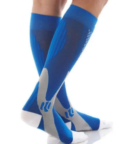 A pair of graduated compression socks for men and women in an athletic style, shown in a colour option like black or blue.