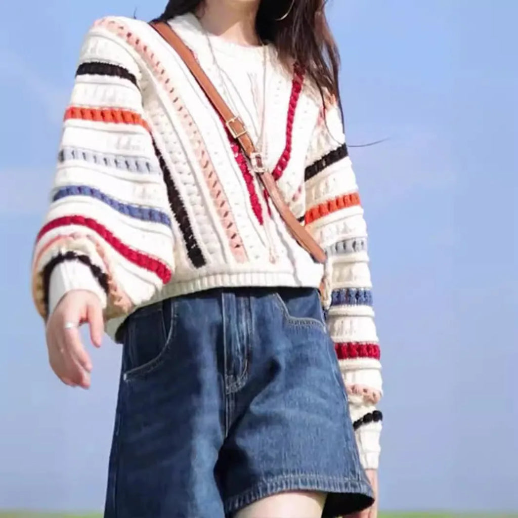 Retro rainbow striped hollow knit sweater with round neck and batwing sleeves in loose free size fit