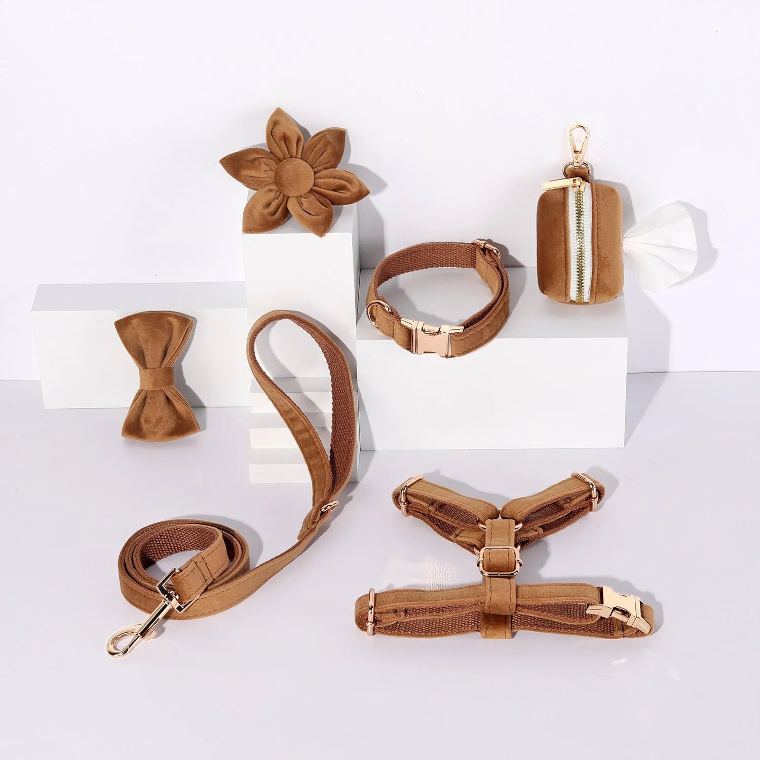 Classic soft velvet dog collar and matching traction rope set with chest strap, bow tie, and accessories in multiple colour options