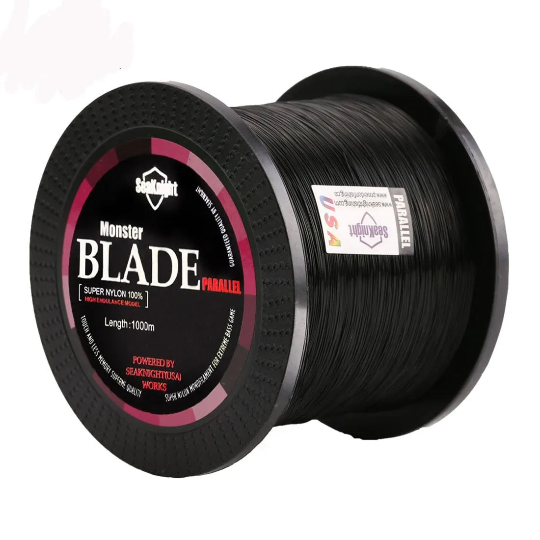 Seaknight1000 roll of nylon fishing line showing colour options of black, blue, green, white, and yellow.
