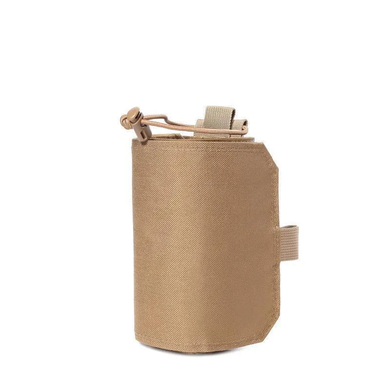 Adjustable black Oxford cloth heat-holding cover stretched over a water bottle