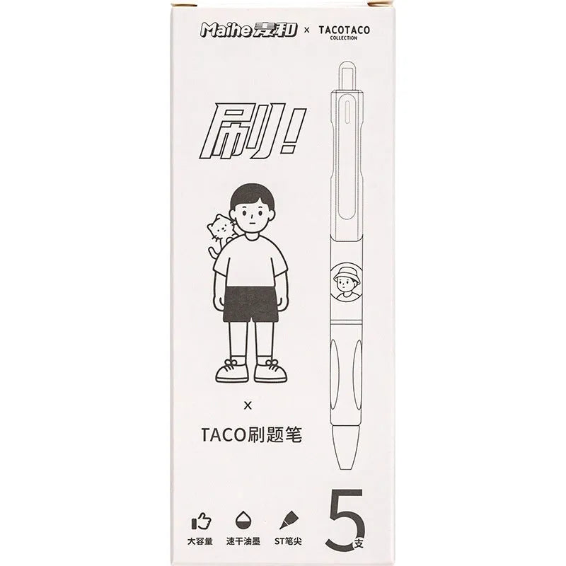 Five Taco brand ballpoint pens with 0.5mm black ink refills arranged together
