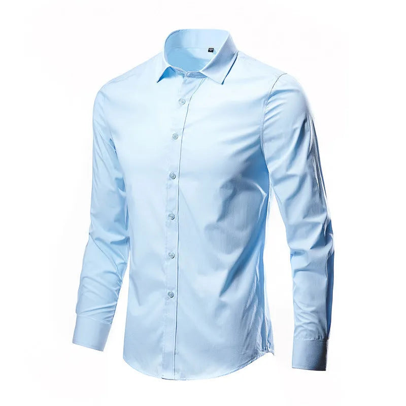 Men's slim fit long sleeve linen shirt in multiple colour options on a hanger.