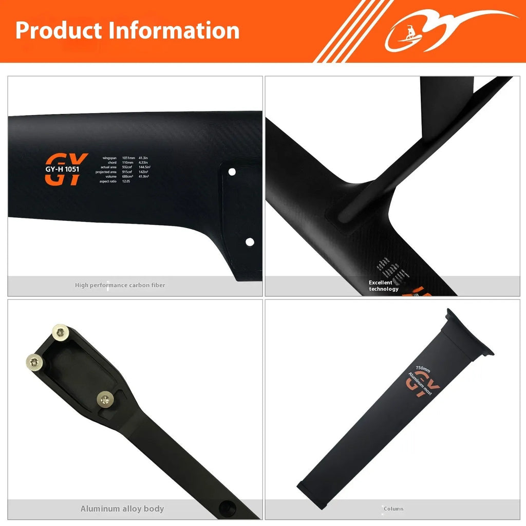 Black carbon fibre and aluminium racing hydrofoil for surfboards with large front wing