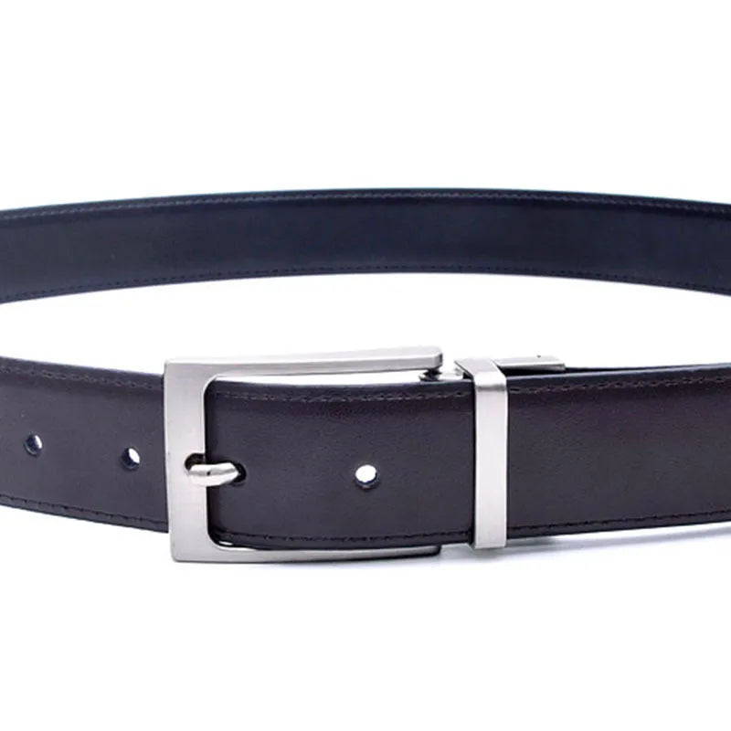 Men's dark brown genuine leather belt with a silver rotating pin buckle, shown at 120cm length.