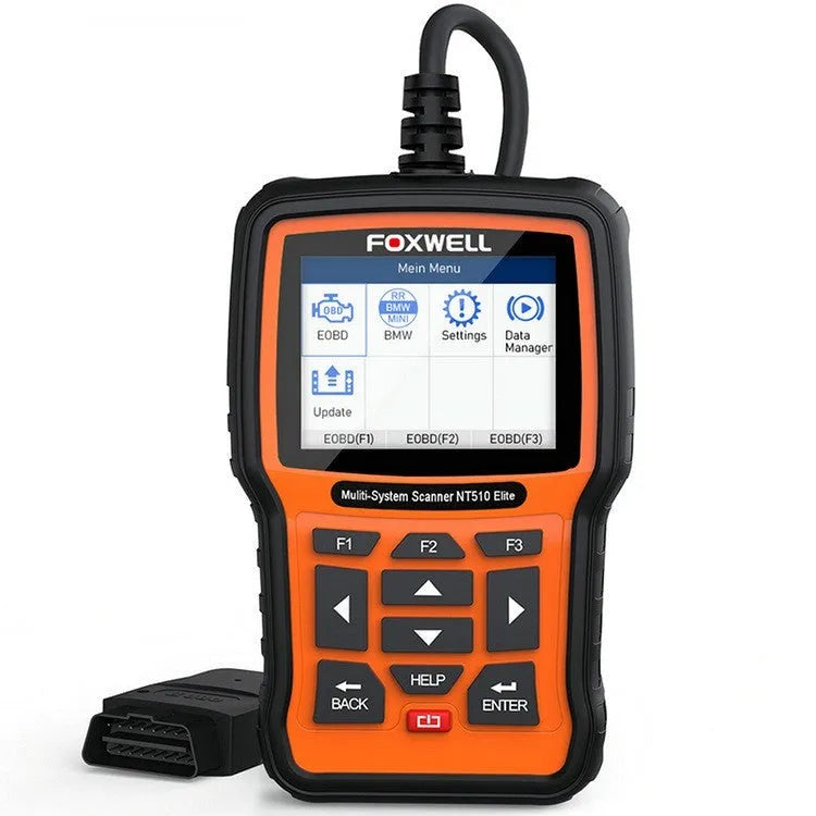 Foxwell NT510 orange and black automotive diagnostic scanner with OBD2 cable
