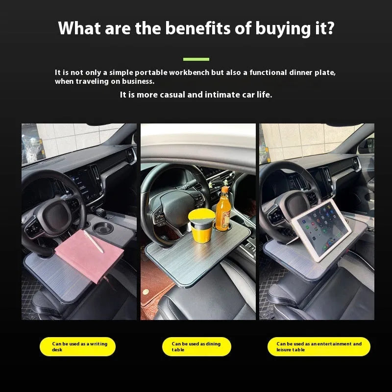 Car steering wheel laptop stand with foldable cup holder in matte black finish