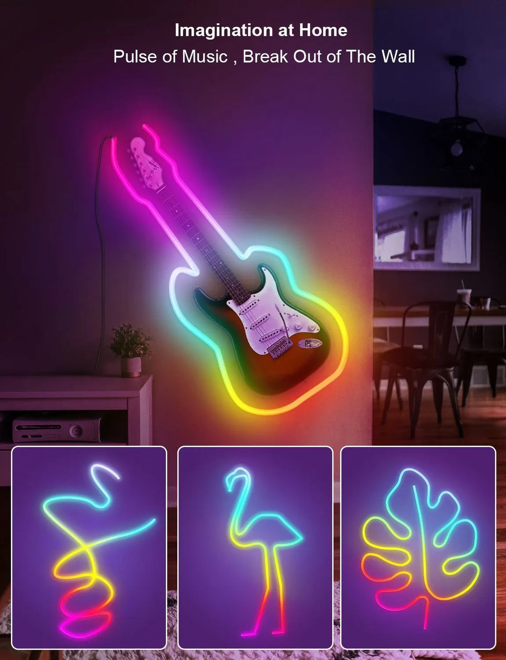 3 metre long USB-powered RGB LED neon light strip with remote control on white background