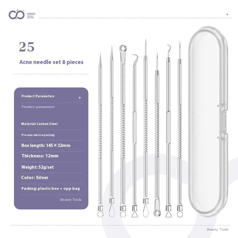 Four silver metal acne needles and a handling clip laid out on a clean surface.