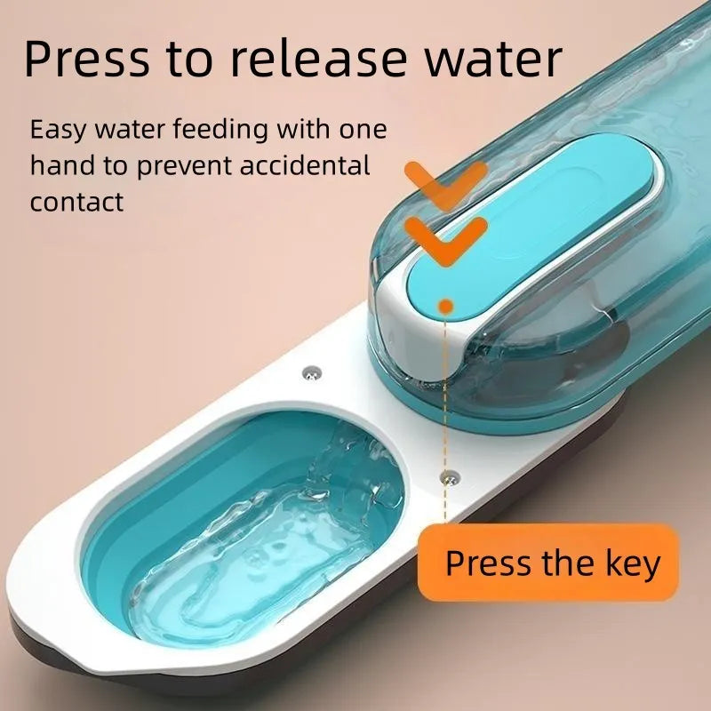 Portable blue pet water bottle with foldable silicone drinking bowl and carabiner clip for dogs and cats