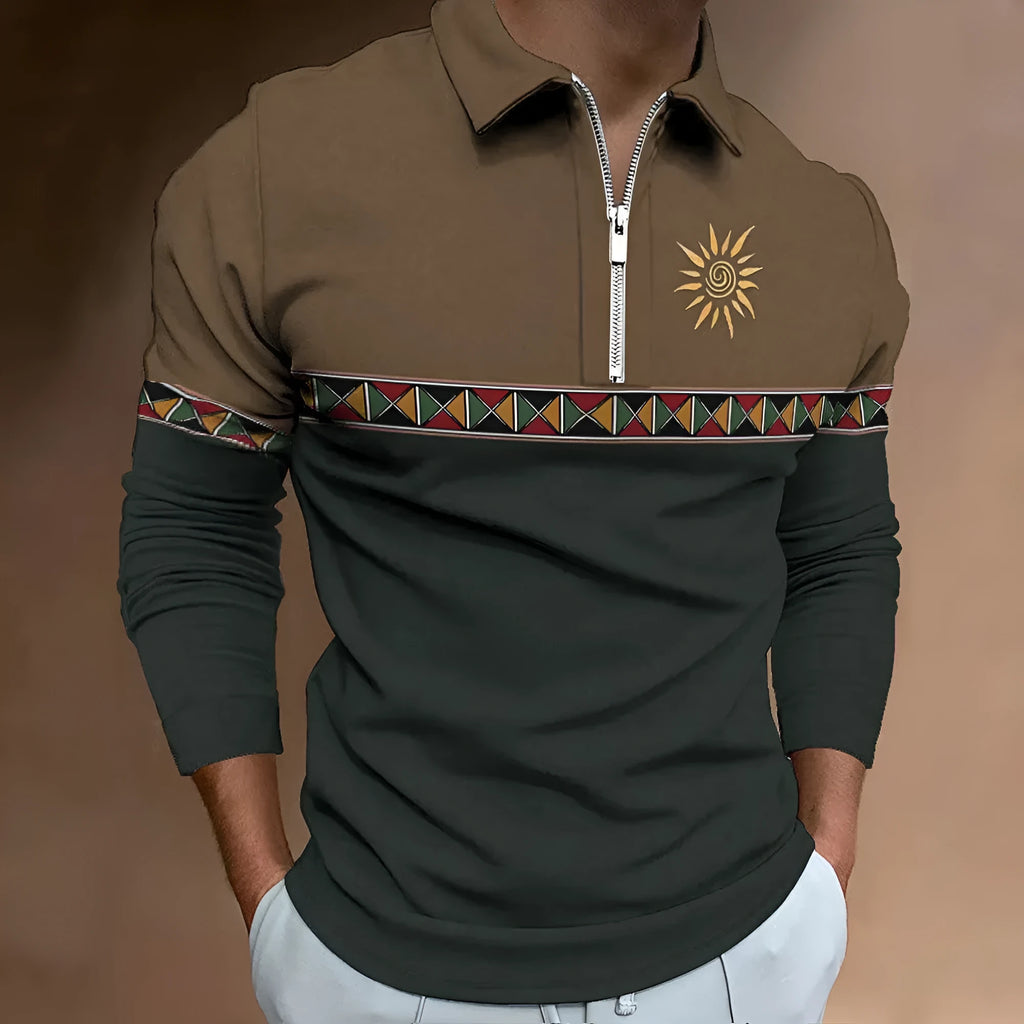 Men's retro printed long sleeve golf top with striped pattern and zipper decoration in loose fit