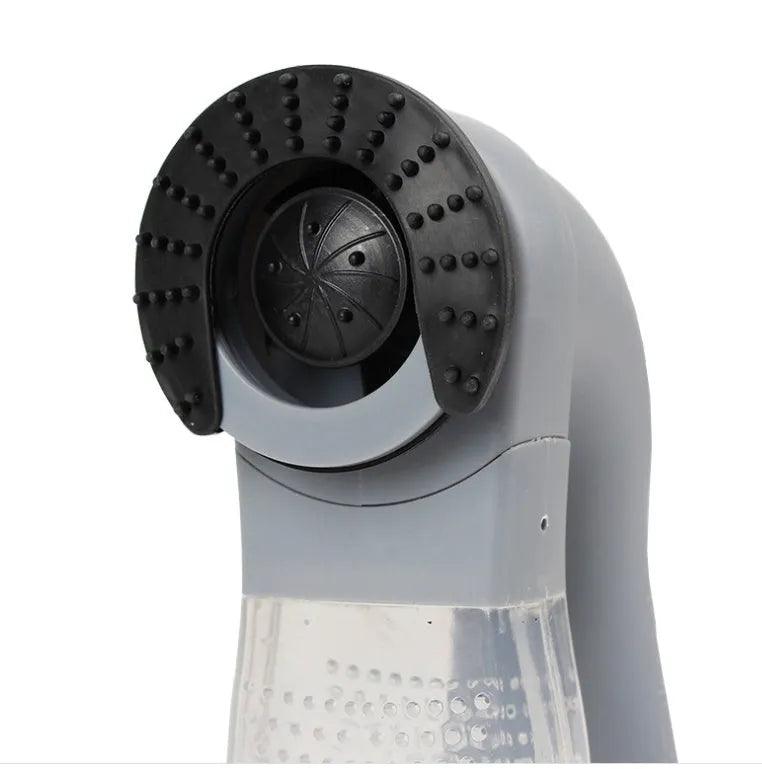 Grey portable electric pet hair vacuum cleaner with soft rubber grooming head