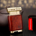Black wood ebony gas lighter with rosewood sun face, good luck, and pipe carvings
