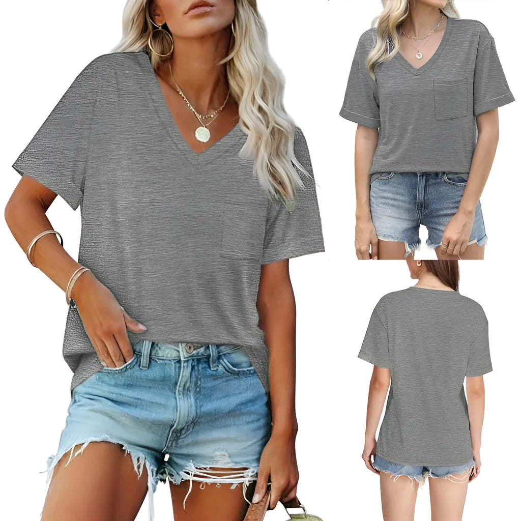 Grey men's loose V-neck t-shirt with a chest pocket on a solid background.