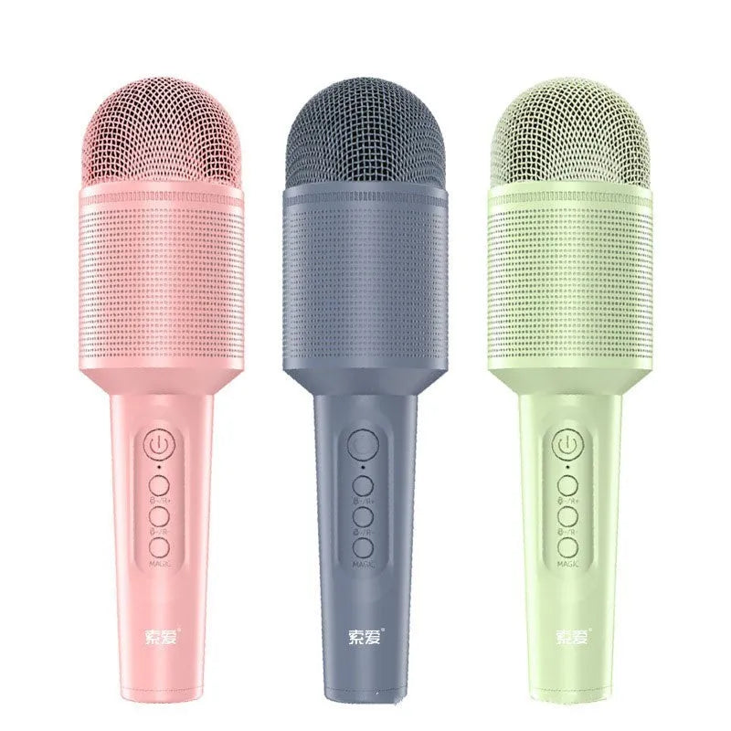 Wireless Bluetooth karaoke microphone in pink, blue, or green colour with USB port