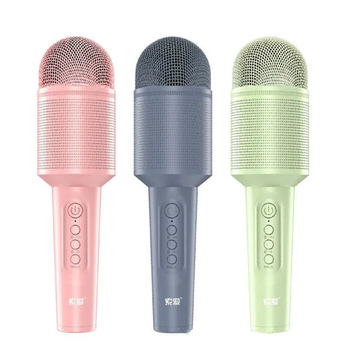 Wireless Bluetooth karaoke microphone in pink, blue, or green colour with USB port