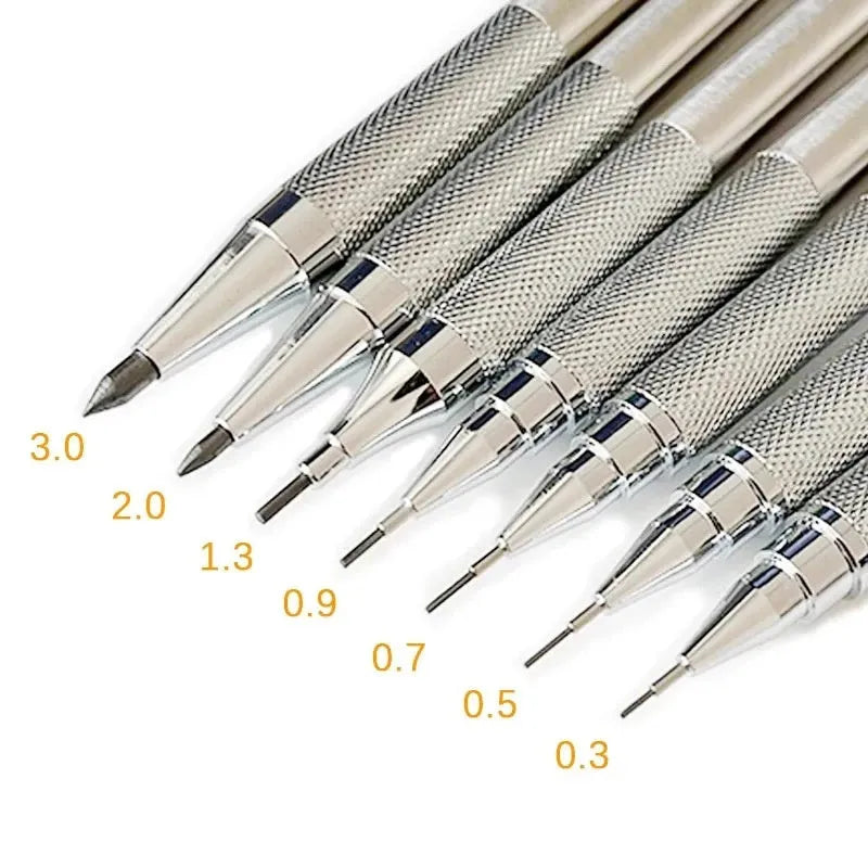 Metal automatic mechanical pencil with multiple lead size options including 0.5mm and 0.7mm
