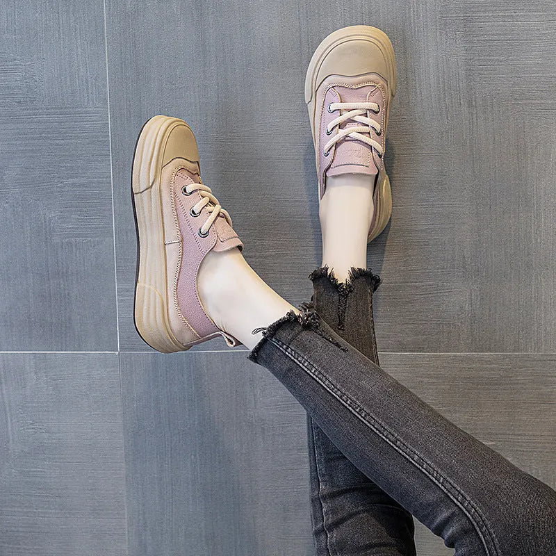 Women's matcha green leather platform sneakers with round toe and front laces on a white background.