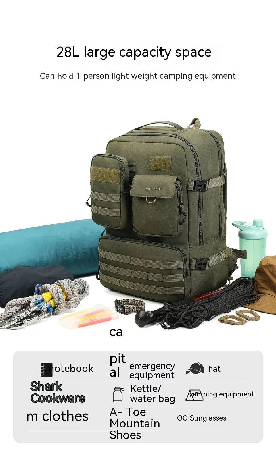 Army Green tactical backpack with 17-inch size and 20-35L capacity for outdoor use