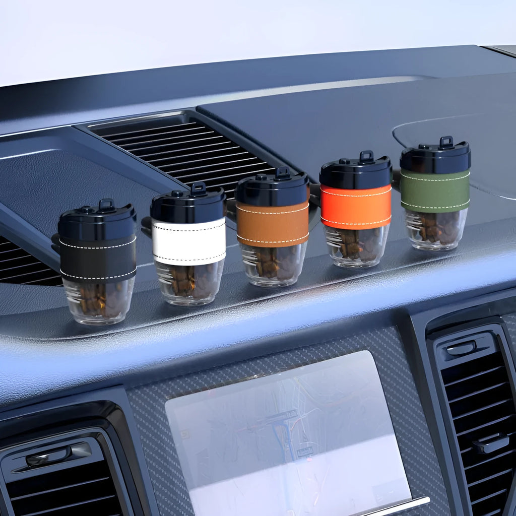 Solid car air freshener in coffee cup shape with coffee beans fragrance