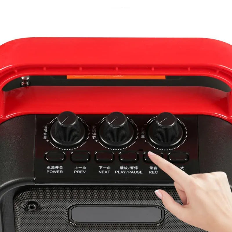 MS62AI portable Bluetooth speaker with wireless microphone measuring 241x145x329mm