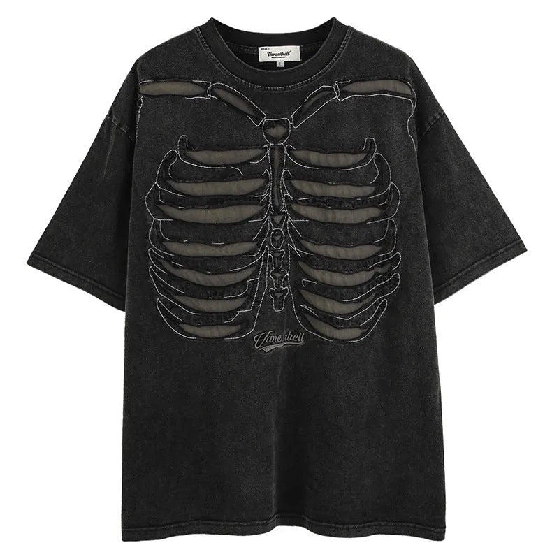 Men's loose dark street style skull print cotton t-shirt with drop-shoulder sleeves in brown and black colours