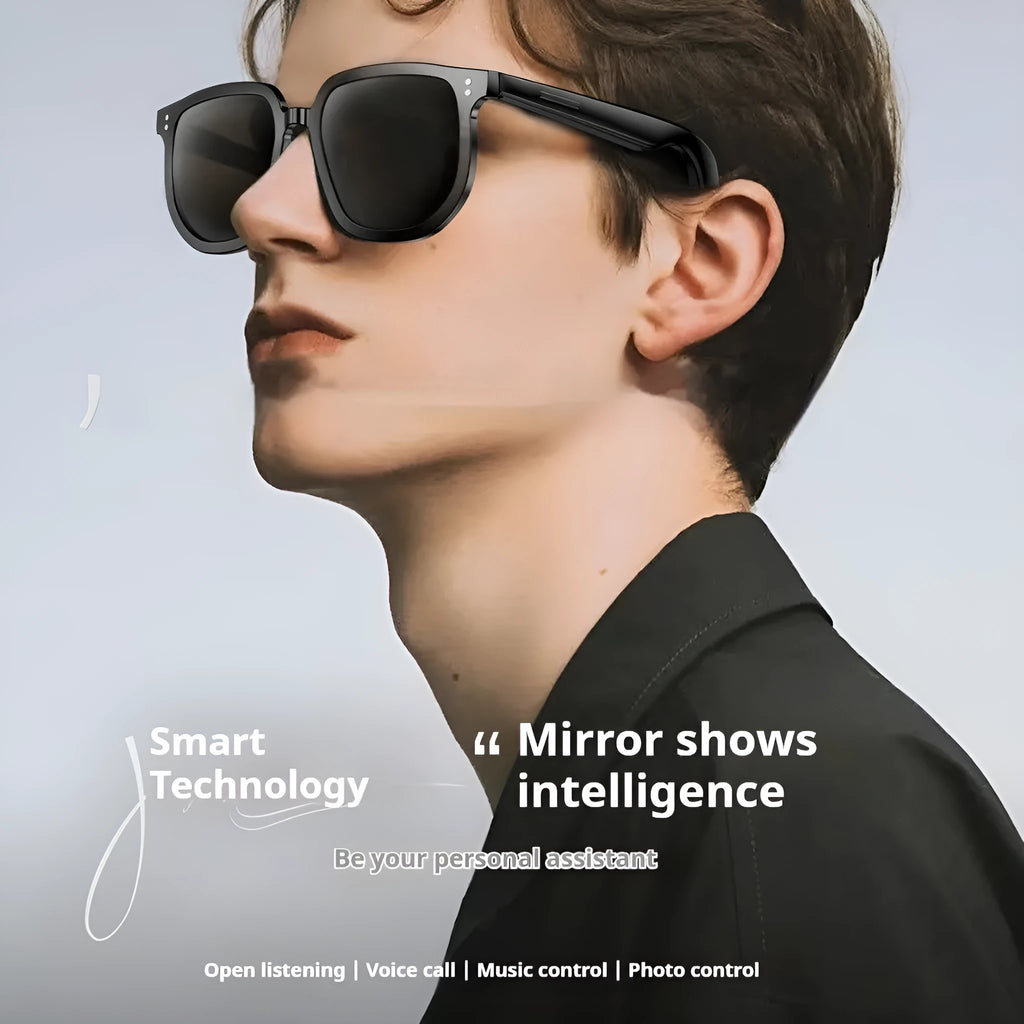Black AI smart sunglasses with Bluetooth audio, touch controls and UV protection lenses on a PC frame.