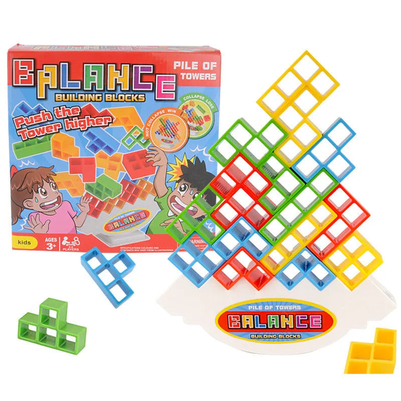 Plastic balance stacking board game with 16 colourful blocks on chassis and base