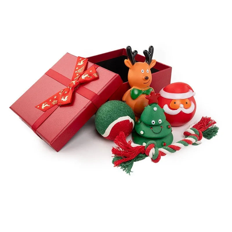 Christmas dog toys vinyl gift sets with bite ropes, tennis balls, Santa heads and festive shapes