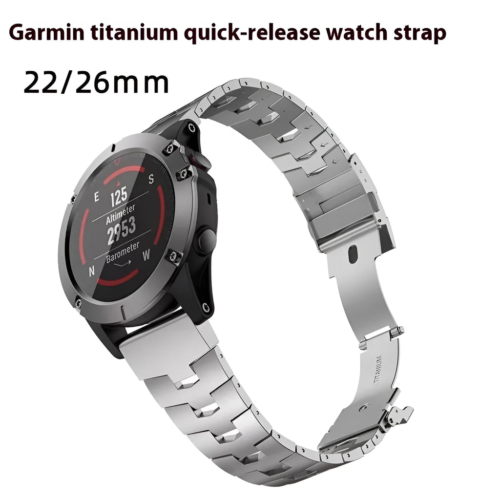 Garmin Jiaming compatible watch strap in Black, Silver, or Titanium colour, showing 22mm and 26mm size options.