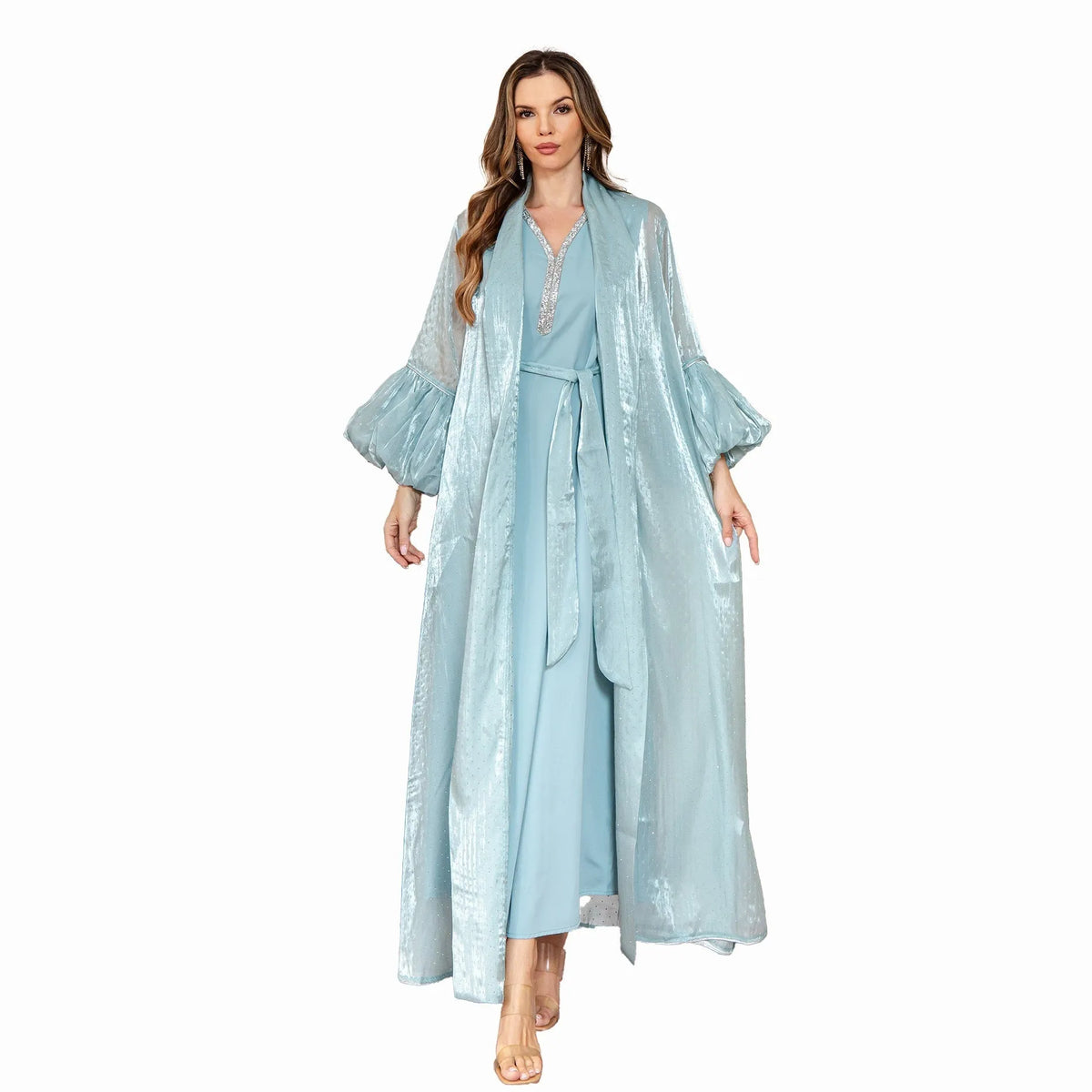 Arabic style two-piece evening dress with rhinestone embellishment and long sleeves in blue colour