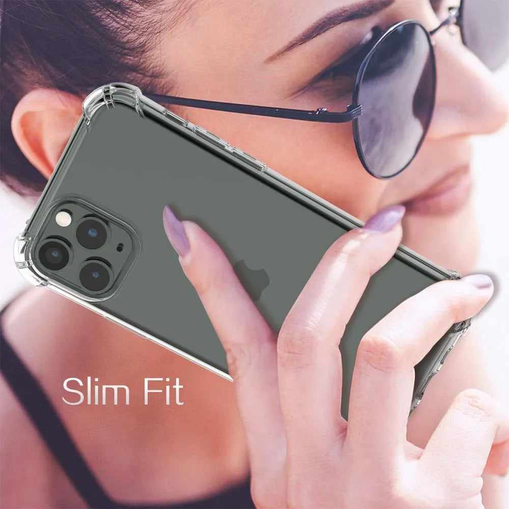 Clear TPU shockproof iPhone case showing transparent back design compatible with iPhone 6 through 13 models