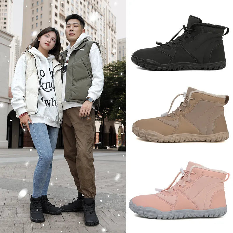 Outdoor snow boots in black, khaki, or pink with lace-up front and rubber sole