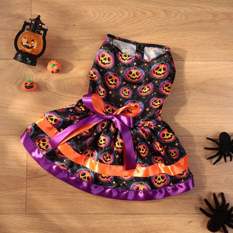 Halloween dog skirt costume with colourful pumpkin pattern on pet