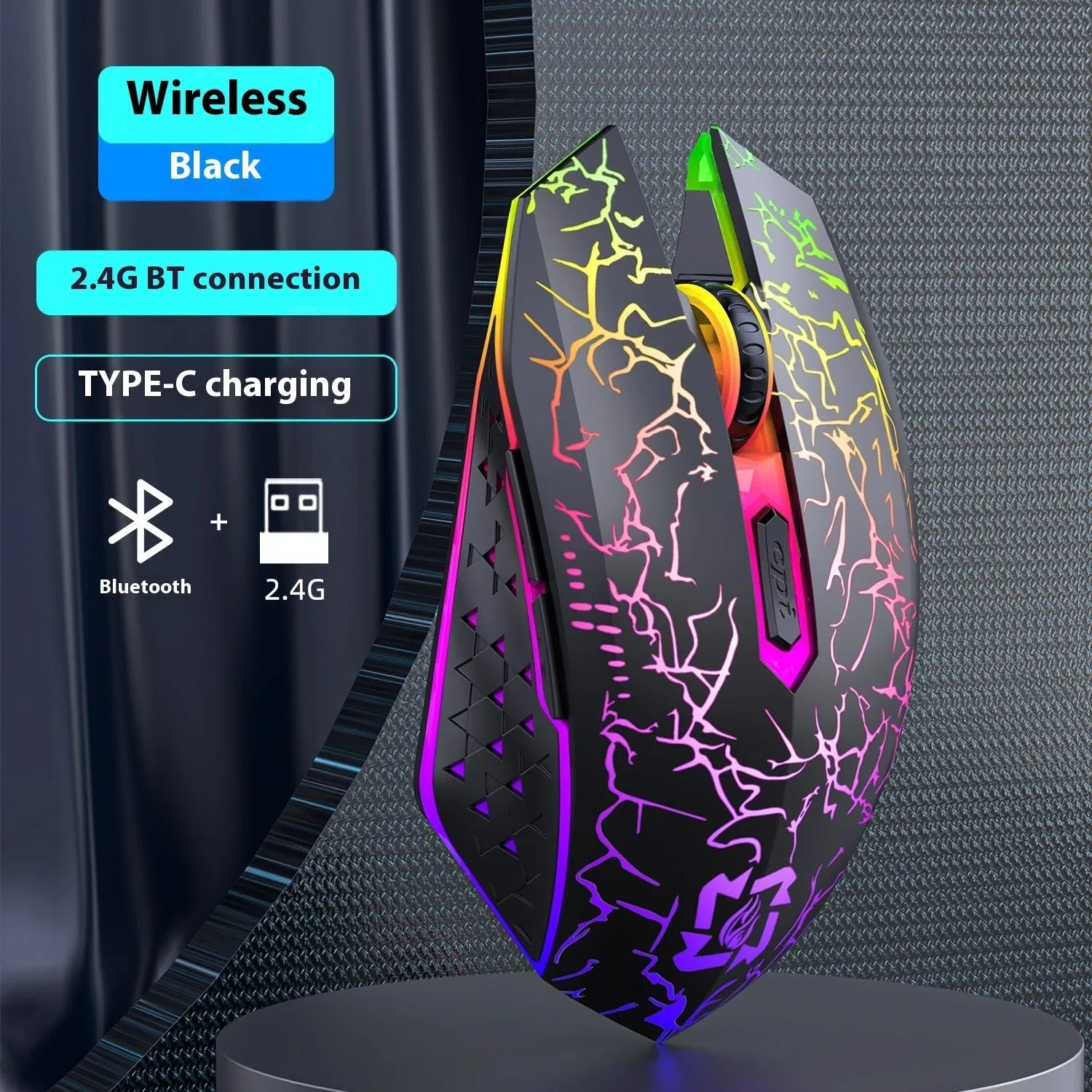 Black and white wireless gaming mouse with RGB lighting on mouse wheel