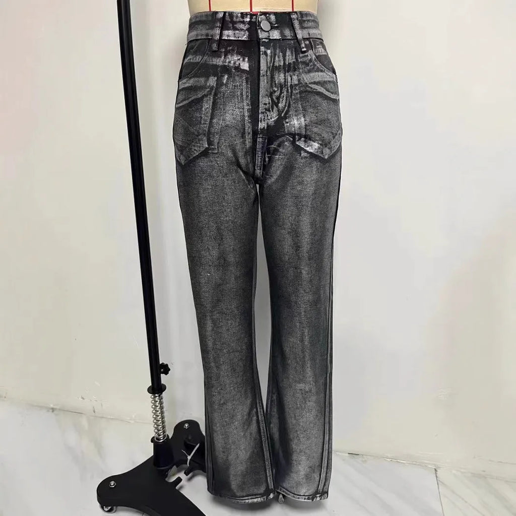 High waist straight leg jeans in washed blue with silver contrast street hipster style
