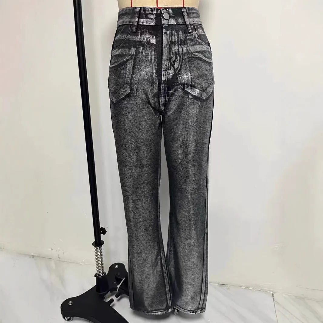 High waist straight leg jeans in washed blue with silver contrast street hipster style