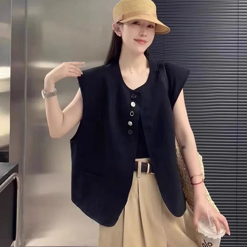 Women's short-length polyester vest in milky white, showing loose fit and front pockets