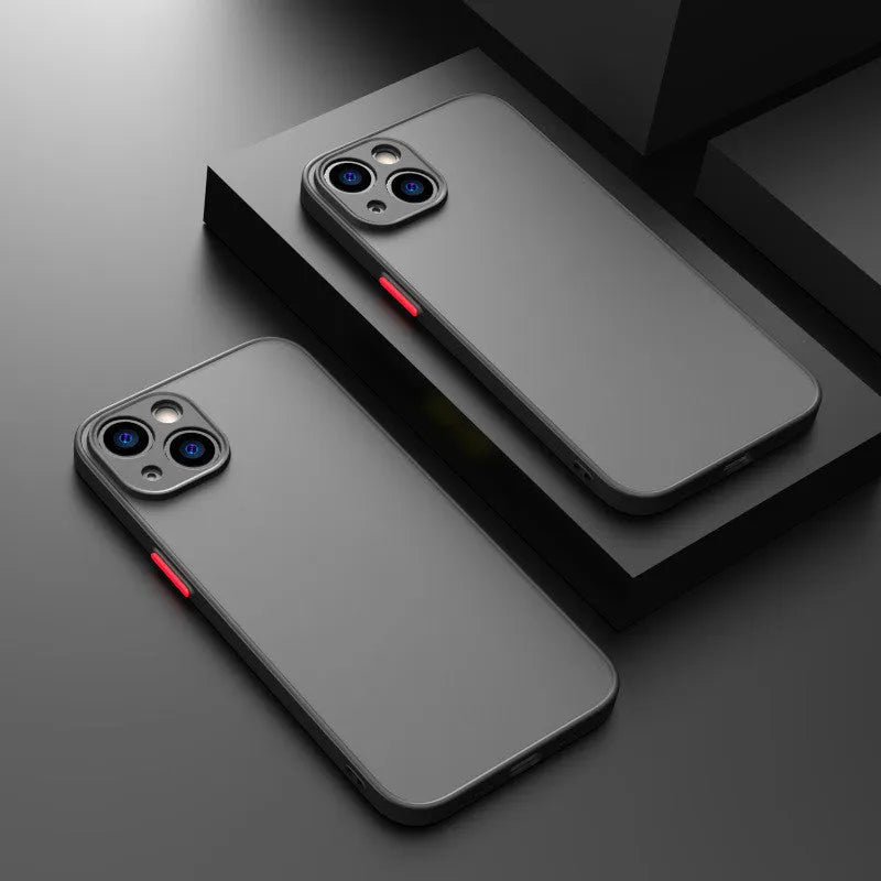 Frosted hard protective iPhone case with fine hole texture and full camera lens cover.