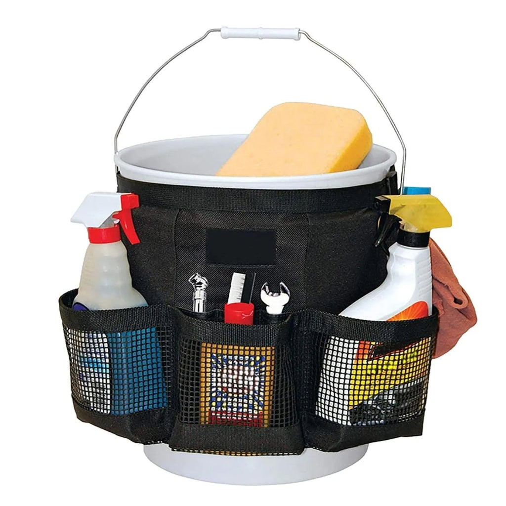 Black cylindrical polyester storage bag mounted on 5 gallon barrel for car washing and fishing gear organisation