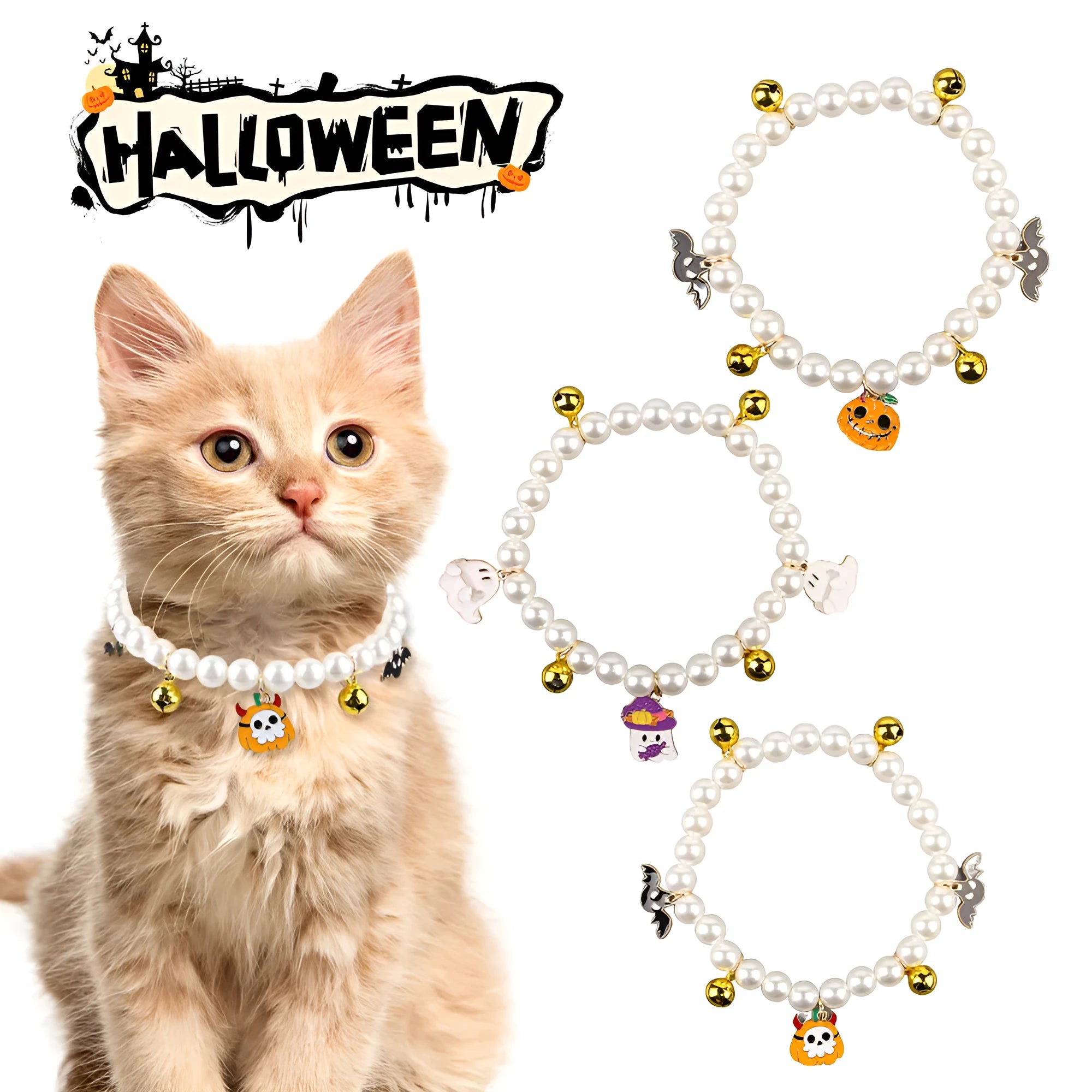 Simulated pearl pet necklace decoration with Halloween pumpkin designs for cats and small dogs