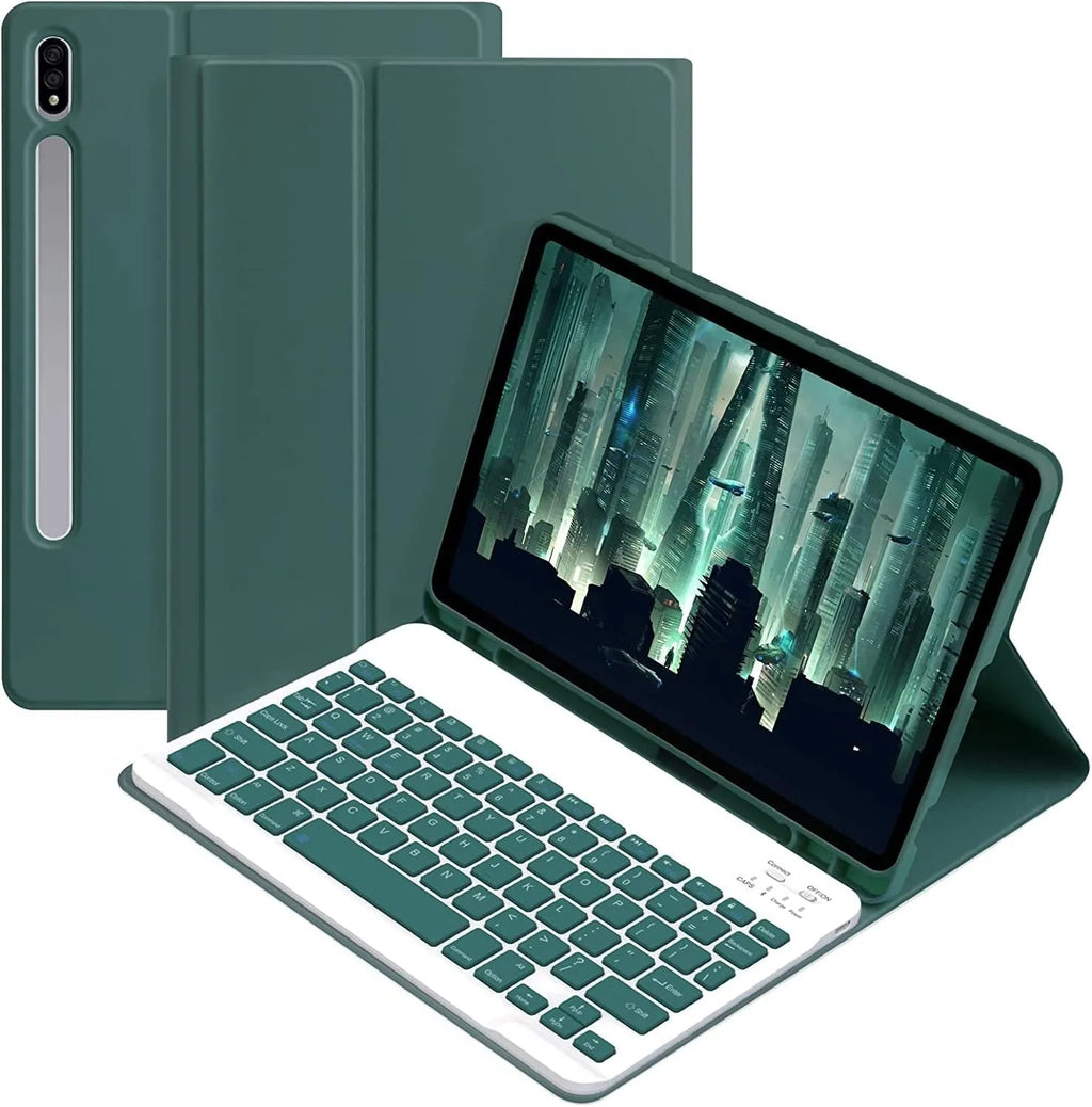 Bluetooth keyboard and charging mouse inside a soft TPU leather-look case for Samsung tablet