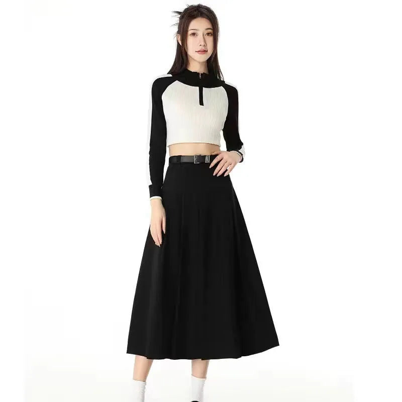 Women's half turtleneck beaded bottoming shirt in beige, black or khaki with long flying sleeves