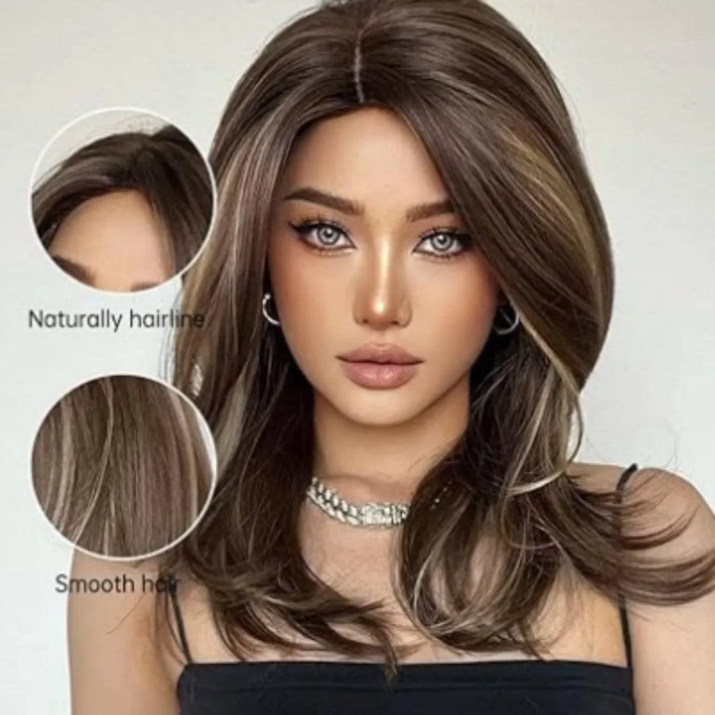 Mid-length platinum gradient curly wig with long bangs on a display stand