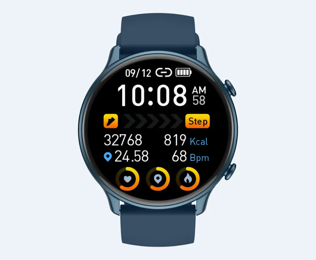 Round touch screen smart sports watch with silicone strap showing heart rate monitoring display.