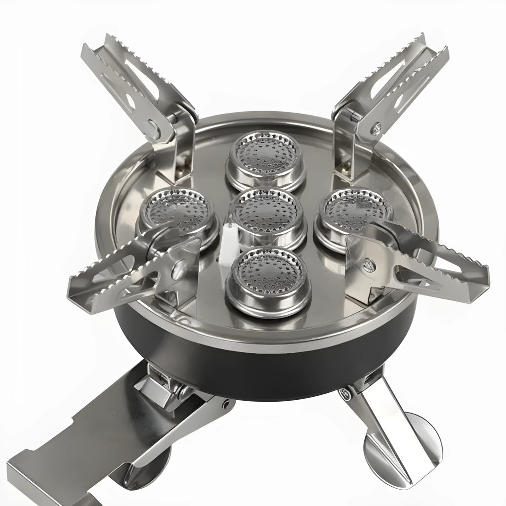 Silver stainless steel split camping stove with 100cm hose, folded dimensions 155x125mm