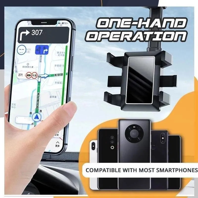 Black rearview mirror phone holder with telescopic arm and four-claw phone grip mounted on a car mirror